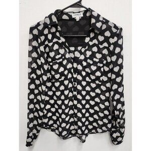 Express Womens Portofino Shirt Size XS Black White Heart Print Chiffon Button Up